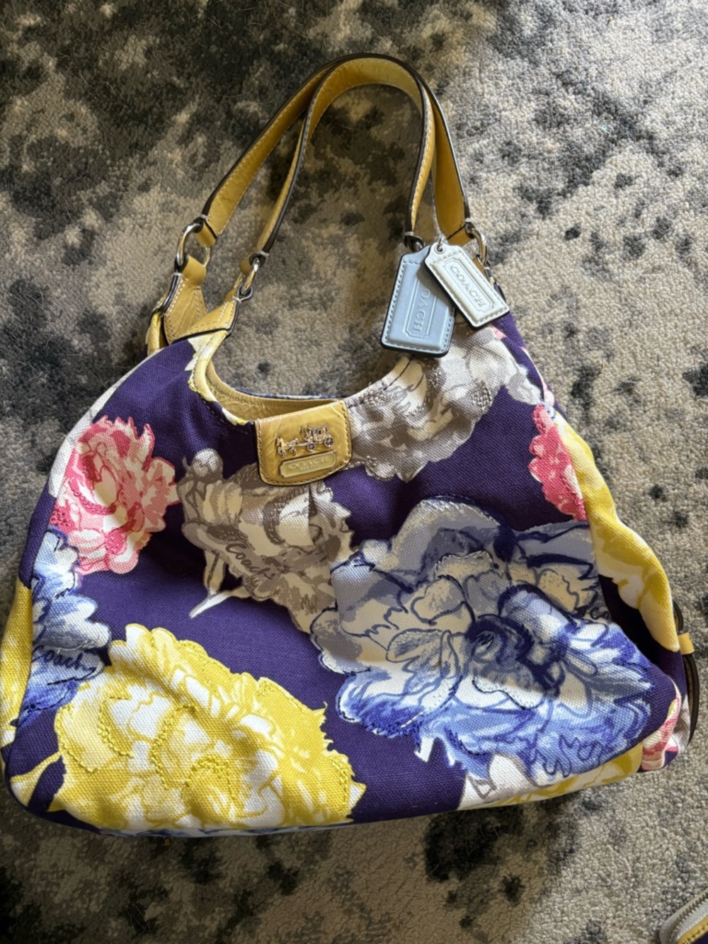 Vintage Coach Floral Canvas Shoulder Bag in Purple, Yellow, Blue and Pink